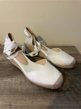New Sz 11 - Womens White Espadrille Wedge Ankle-Tie Shoes w/ ankle Wraps